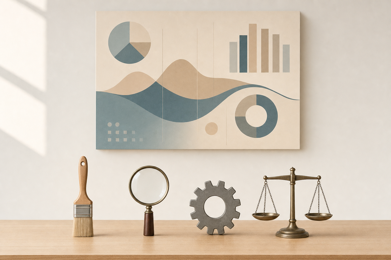 Quatre objets symboliques posés sur un bureau en bois, évoquant la création, l'analyse, l'automatisation et l'équilibre