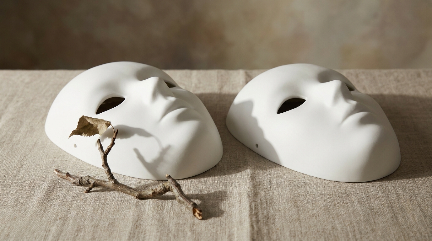 Deux masques identiques côte à côte, l'un se distinguant par un objet placé devant lui, métaphore de l'identité qui émerge de l'uniformité