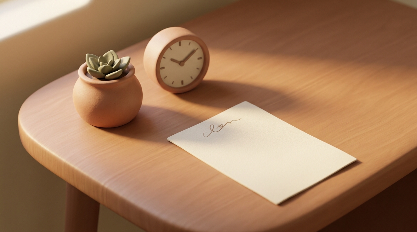 Bureau épuré avec une note manuscrite, une horloge analogique et une petite plante, baignés d'une lumière matinale douce, évoquant clarté et régularité.