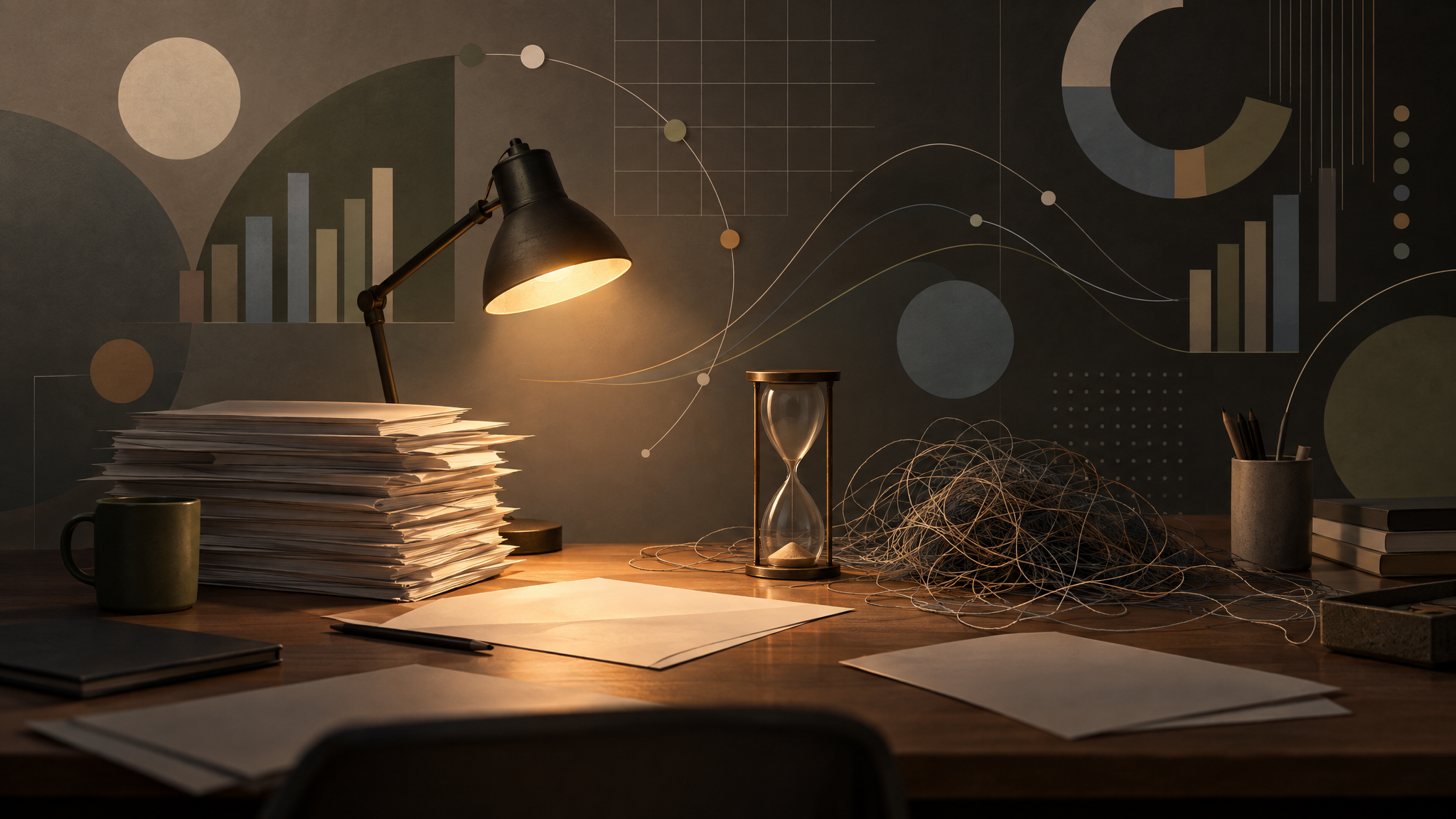 Un bureau encombré sous une lampe, avec un sablier presque vide, symbolisant la charge mentale et le manque de temps du dirigeant