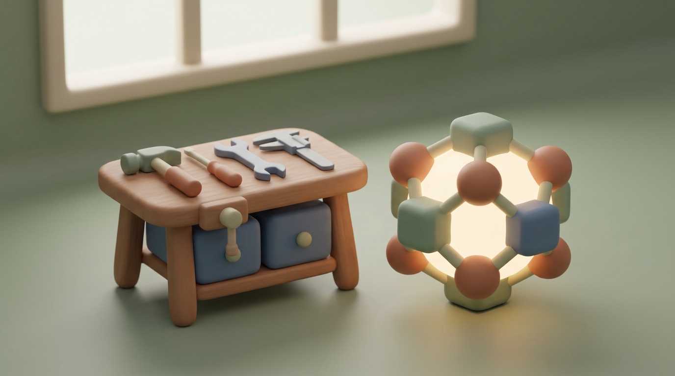 Établi ordonné avec des outils simples à côté d'une forme lumineuse géométrique symbolisant la structuration et la méthode